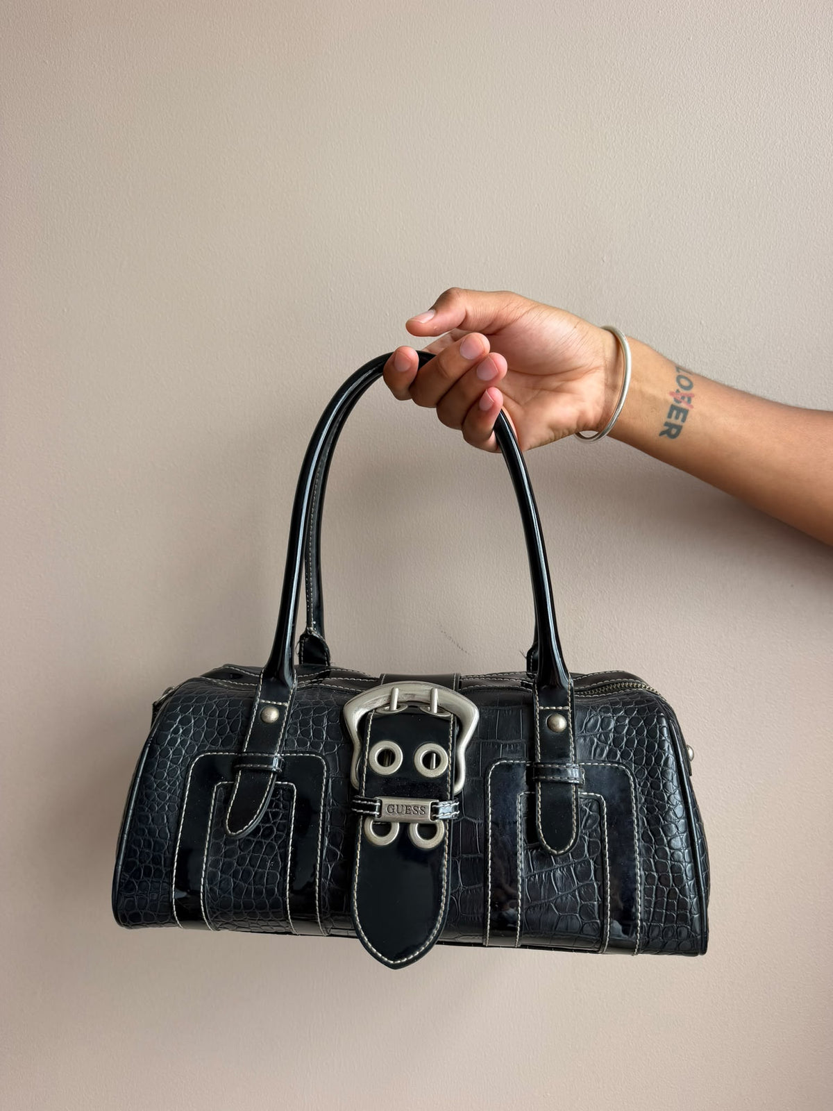 Black Croc Buckle Guess Handbag