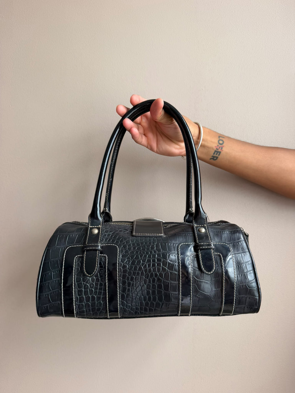Black Croc Buckle Guess Handbag