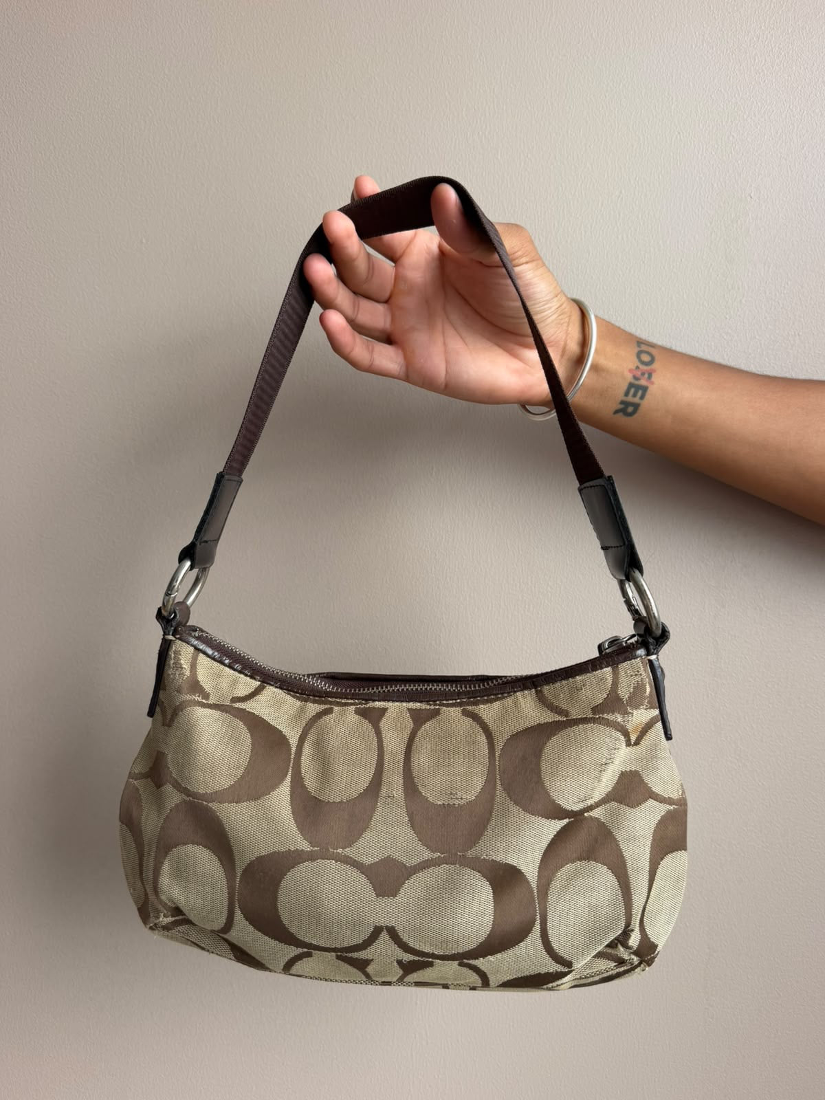 Brown Stripe Signature Coach Shoulder Bag