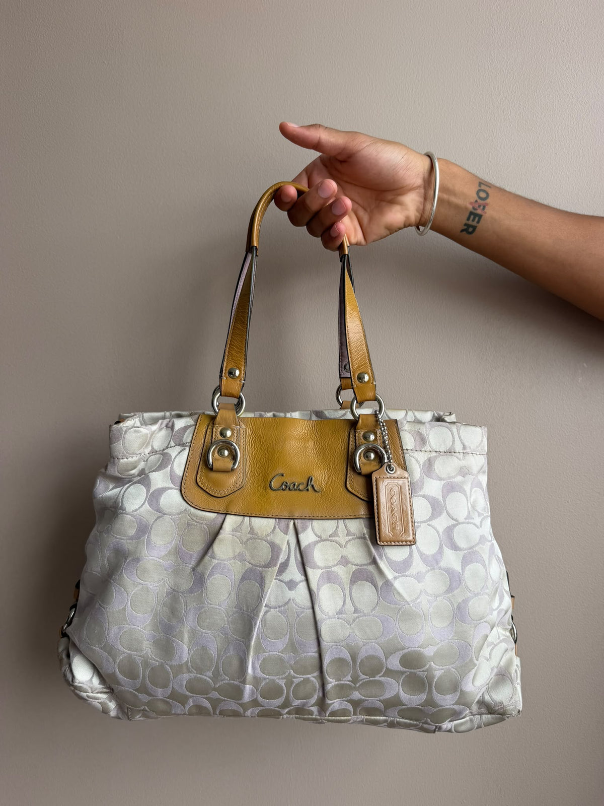 White & Mustard Signature Coach Tote Bag