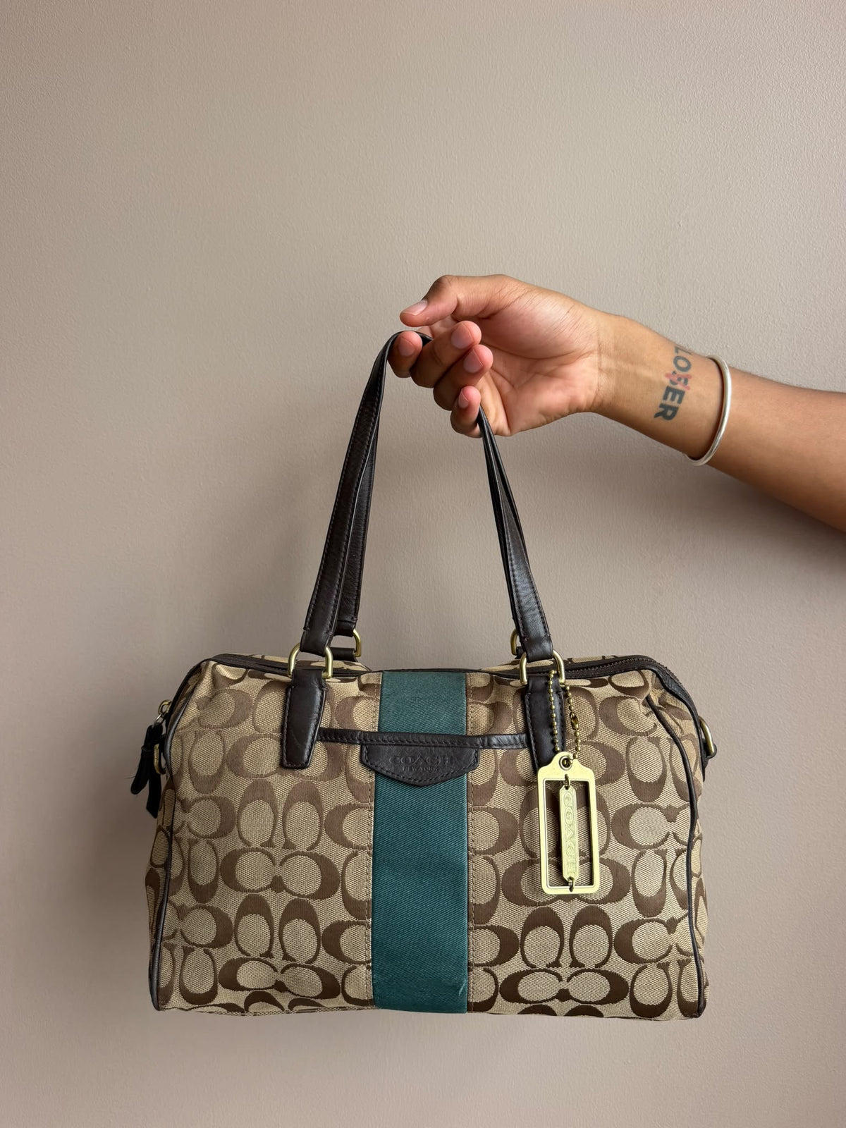 Green Stripe Signature Coach Handbag