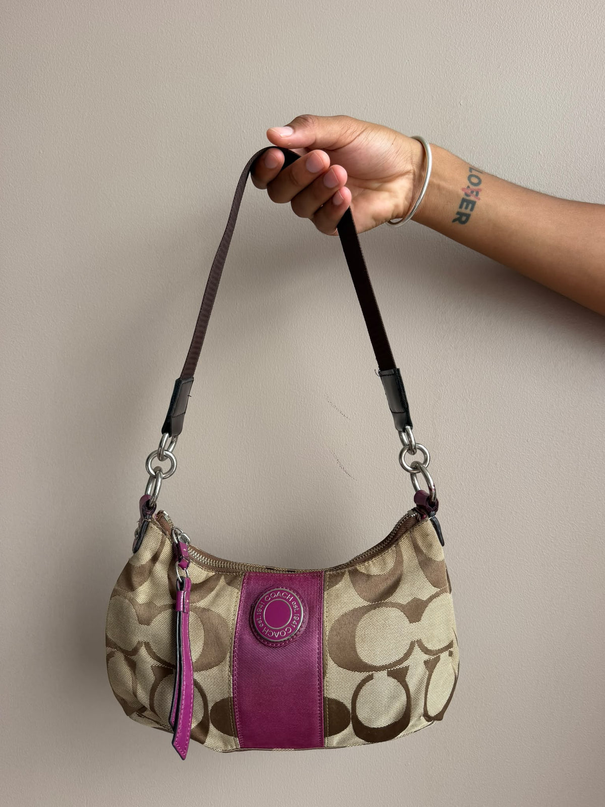Pink Stripe Signature Coach Shoulder Bag