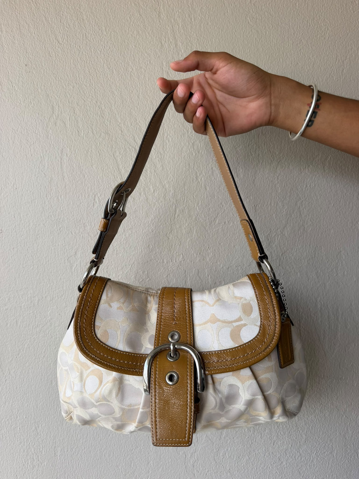 White & Tan Signature Coach Buckle Bag