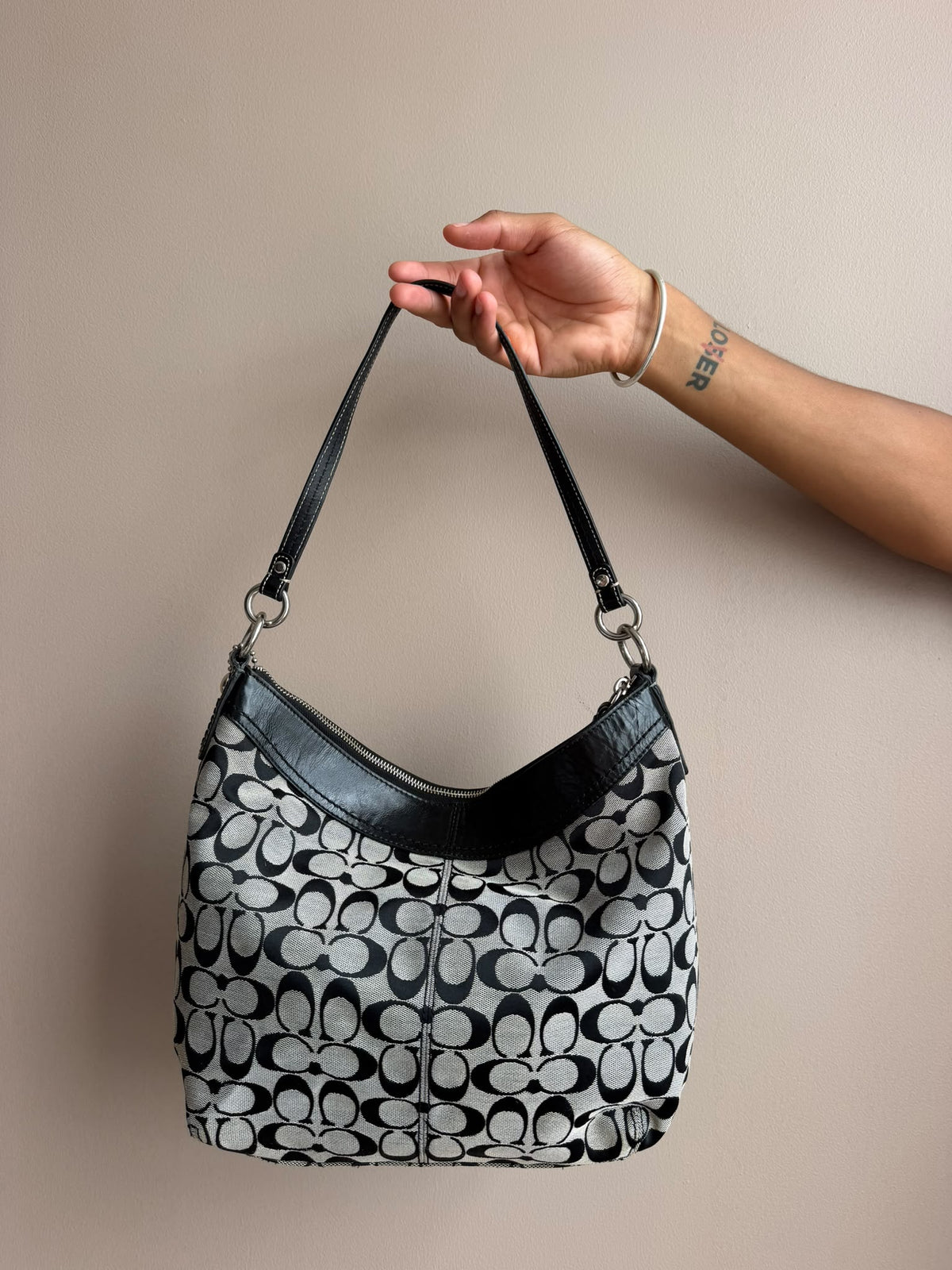 Black & White Signature Coach Hobo Bag