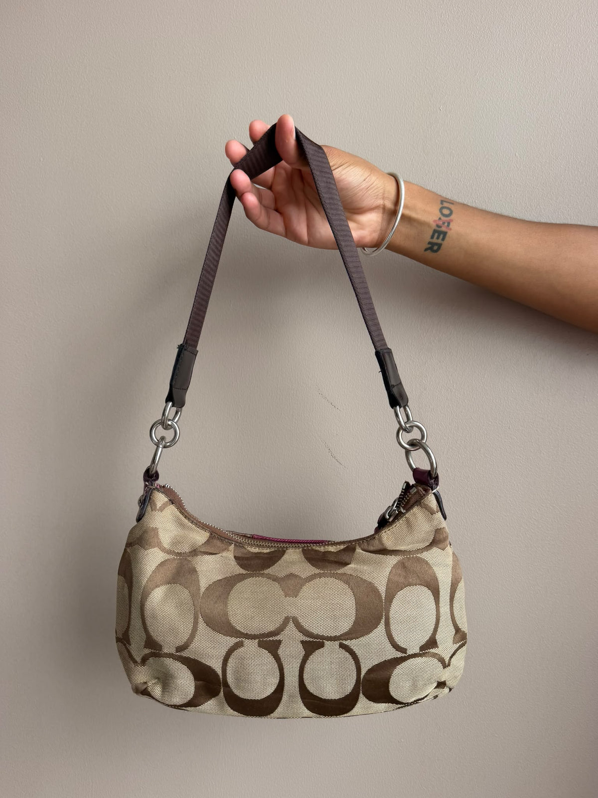 Pink Stripe Signature Coach Shoulder Bag