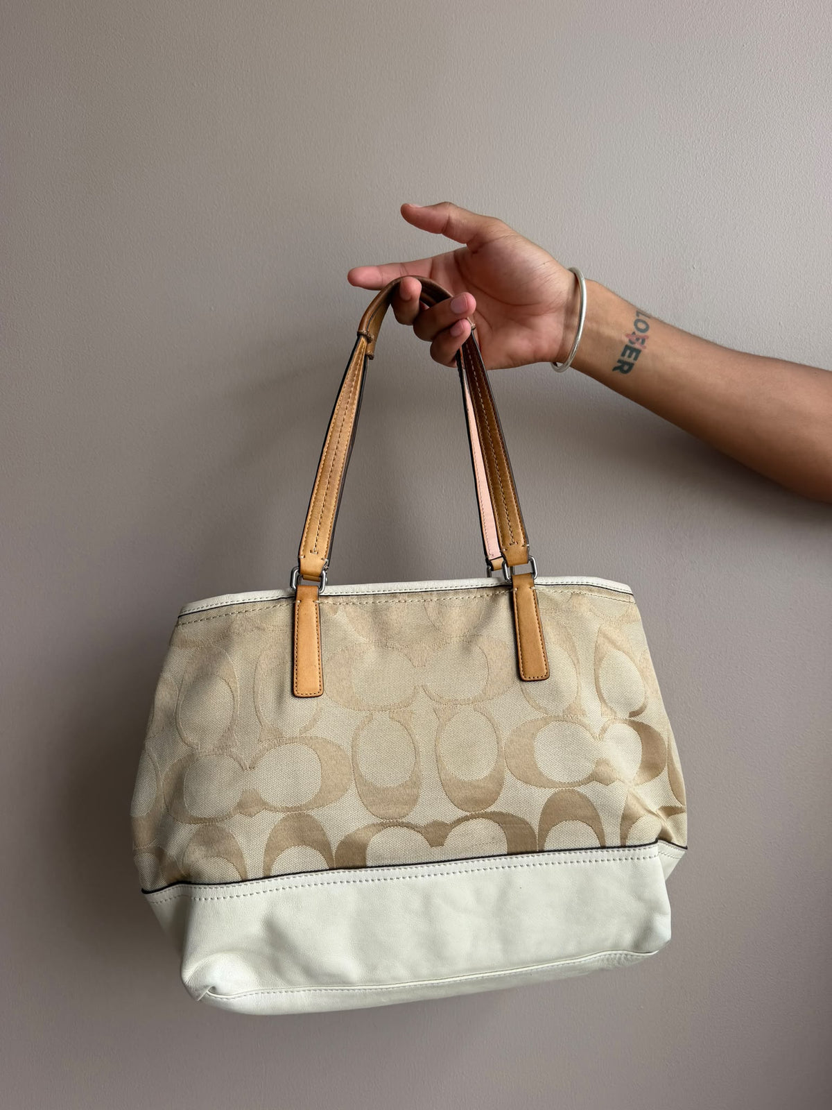 Cream Signature Coach Tote Bag