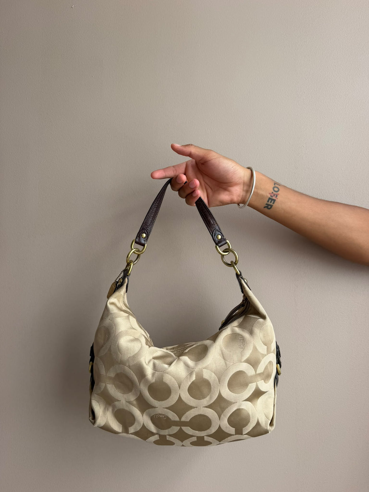 Cream Signature Coach Hobo Bag