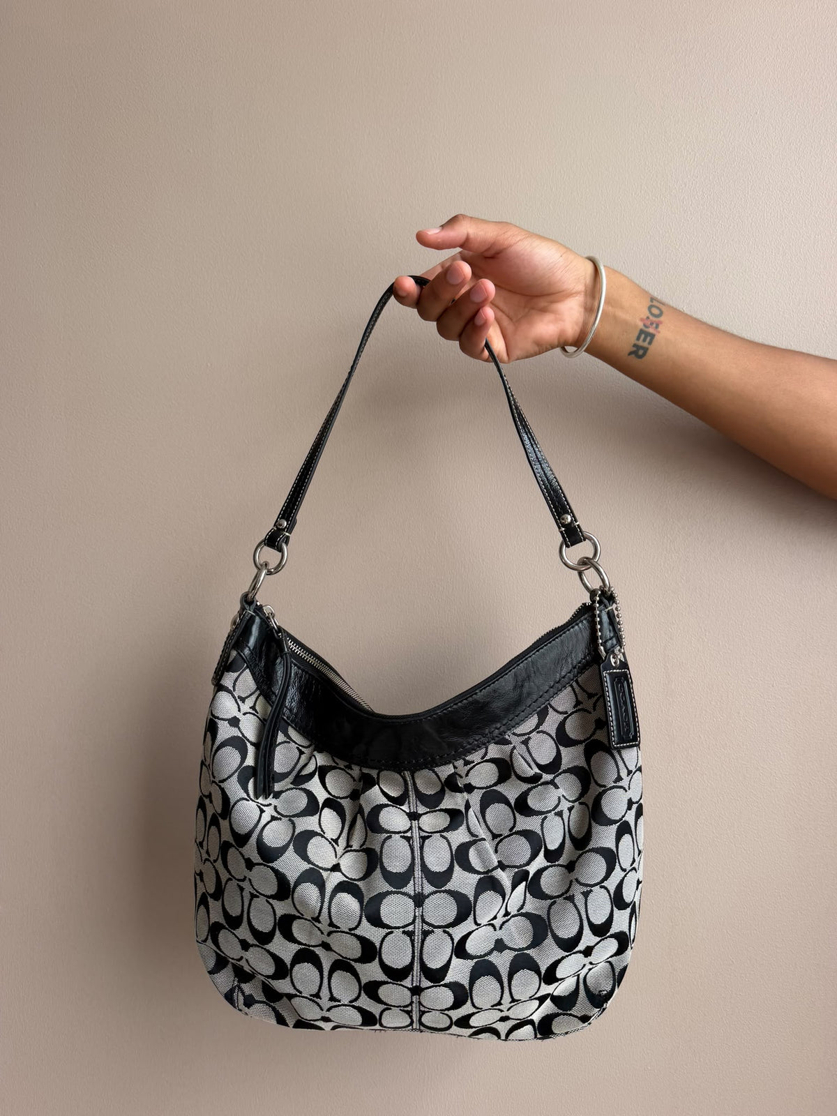 Black & White Signature Coach Hobo Bag