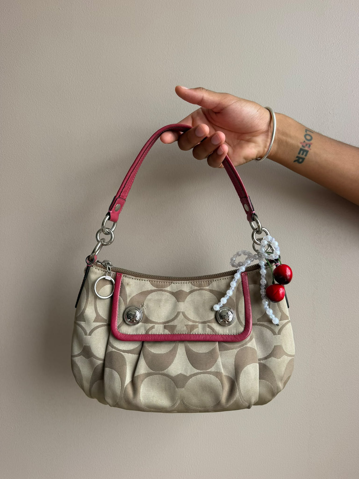 Pink Cherry Charm Signature Coach Bag