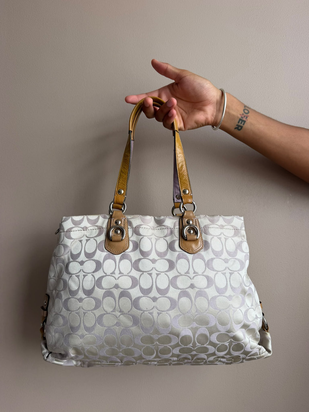 White & Mustard Signature Coach Tote Bag