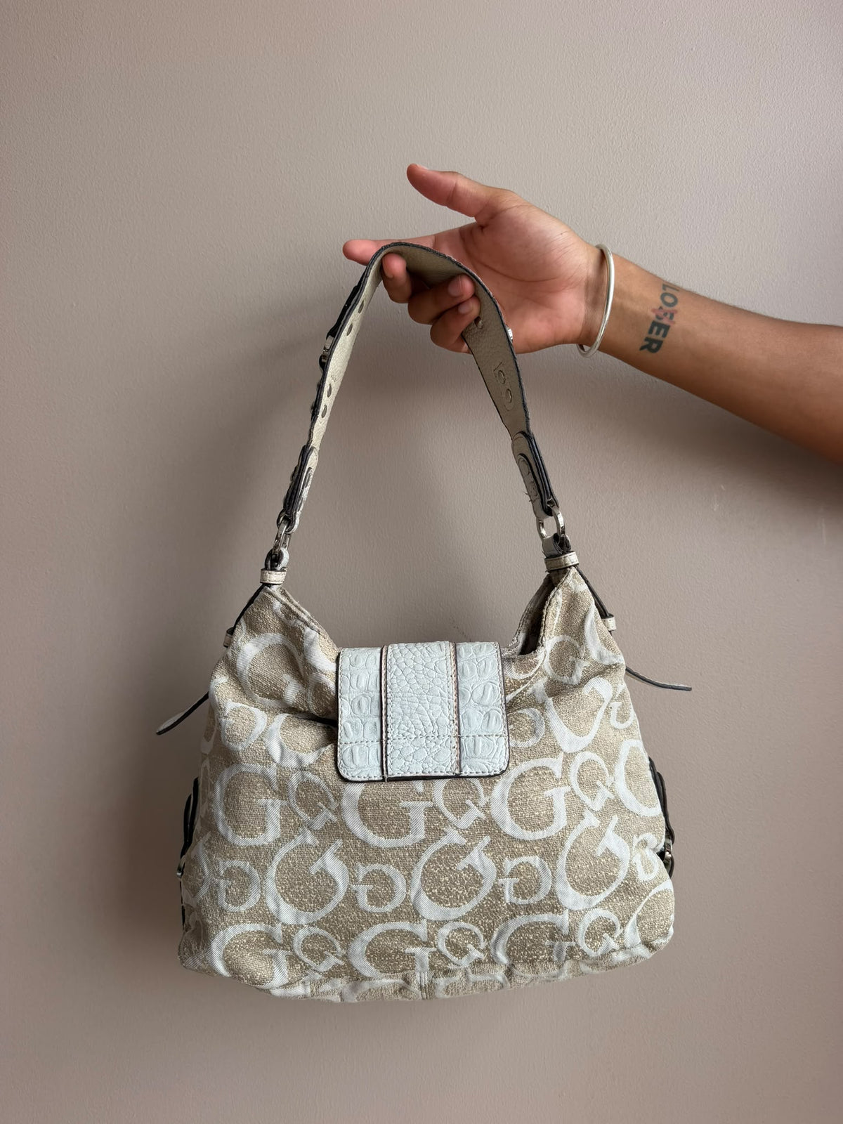 White Monogram Guess Buckle Bag