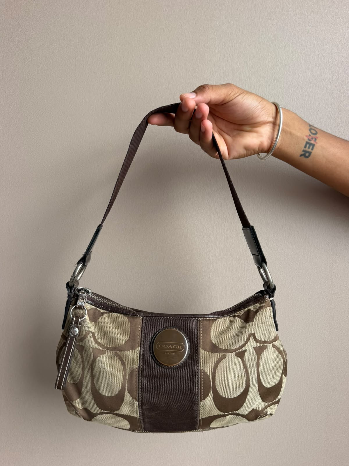 Brown Stripe Signature Coach Shoulder Bag
