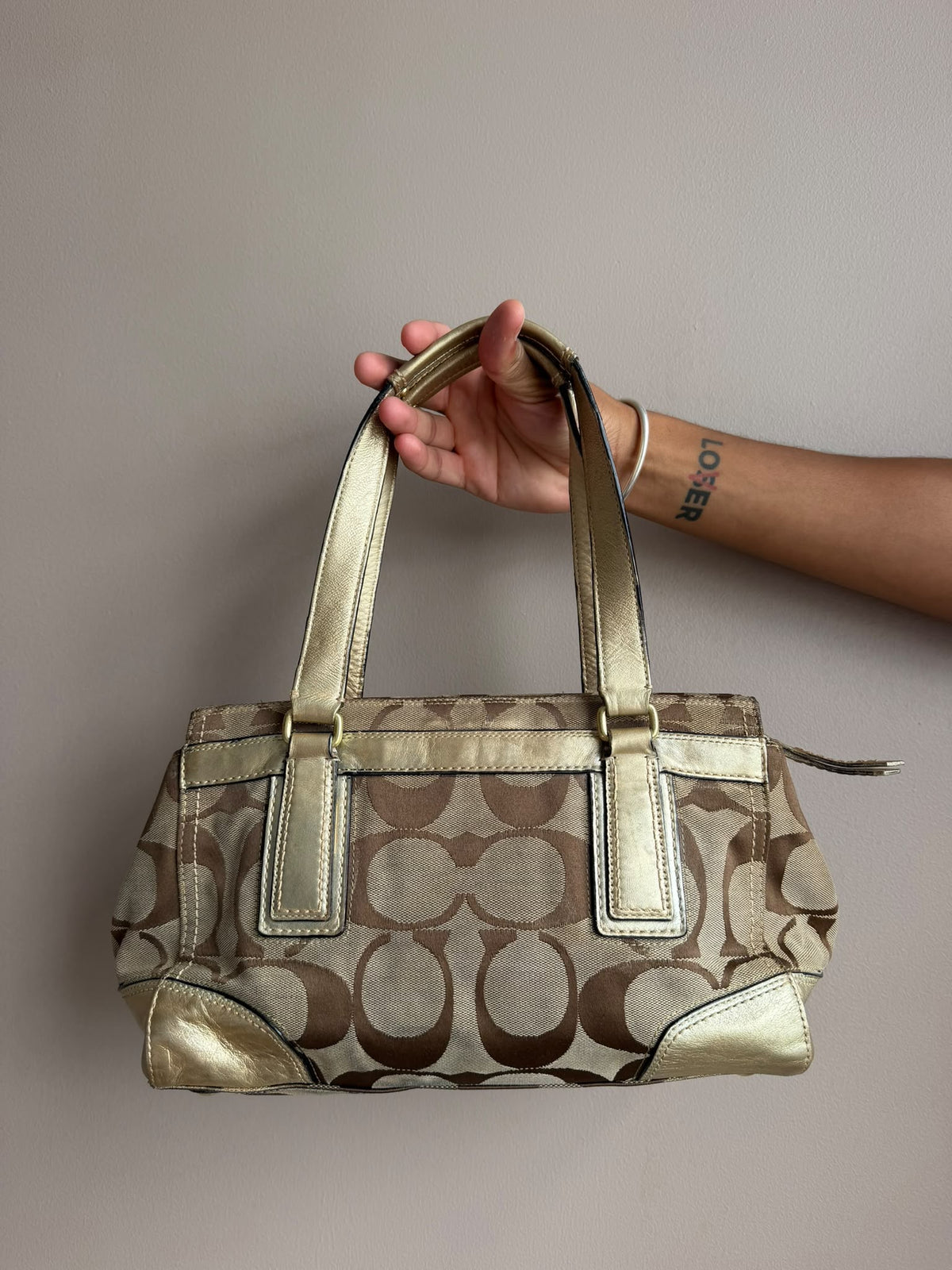 Gold Stripe Signature Coach Handbag