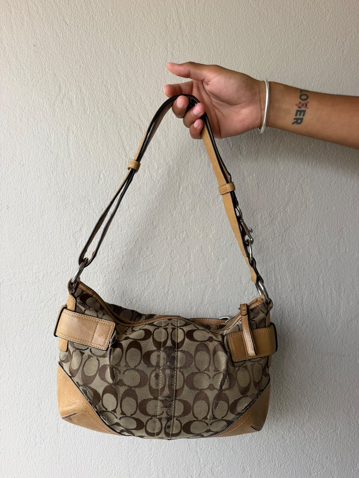 Tan Buckle Signature Coach Shoulder Bag