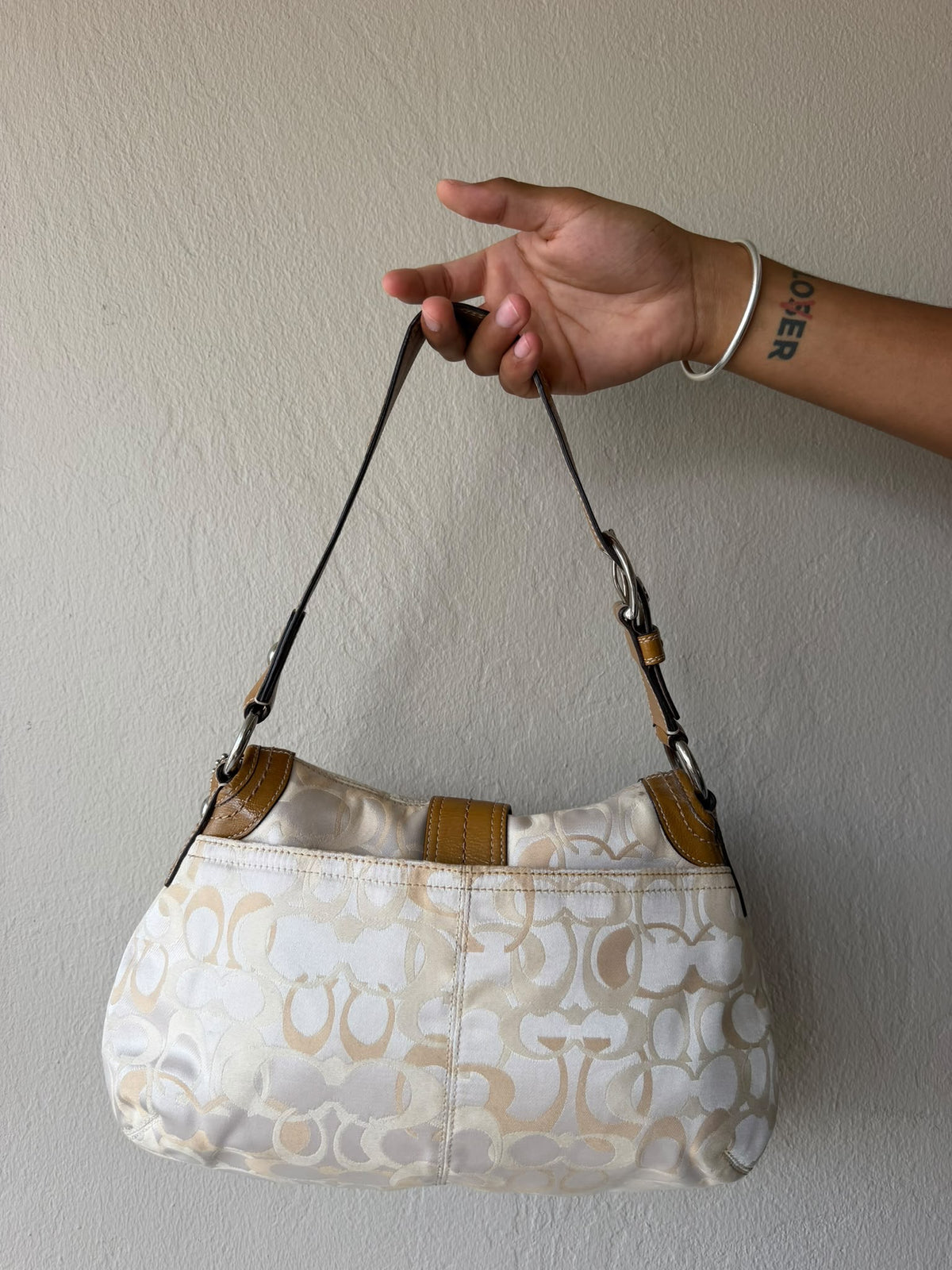 White & Tan Signature Coach Buckle Bag
