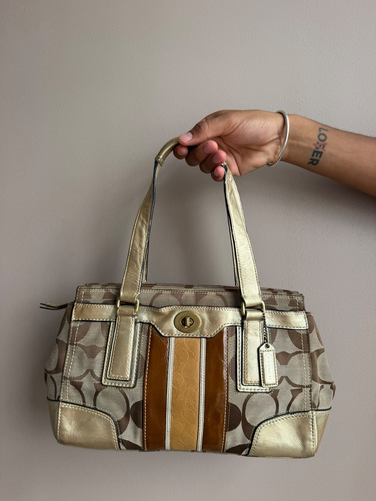 Gold Stripe Signature Coach Handbag