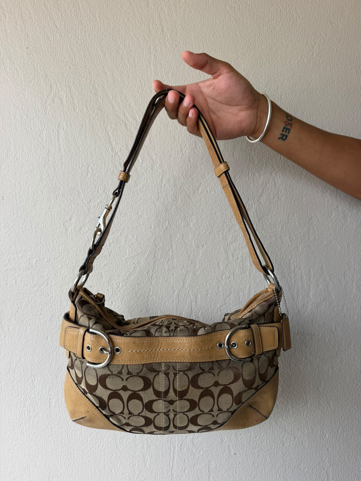 Tan Buckle Signature Coach Shoulder Bag