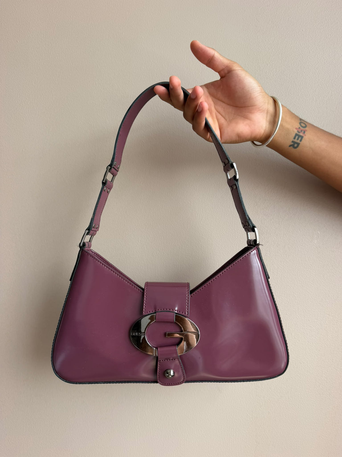 Purple Patent Guess Shoulder Bag