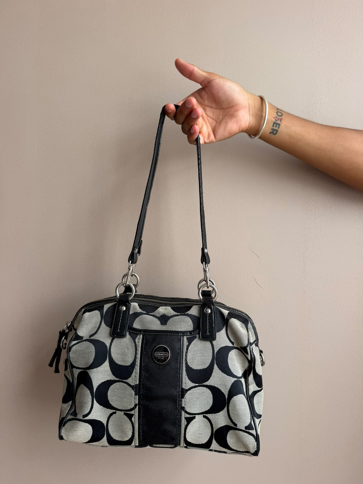 Black & White Stripe Signature Coach Handbag