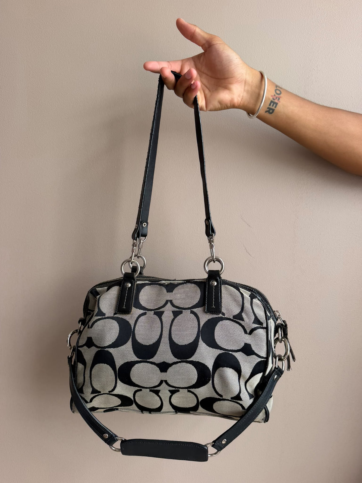 Black & White Stripe Signature Coach Handbag