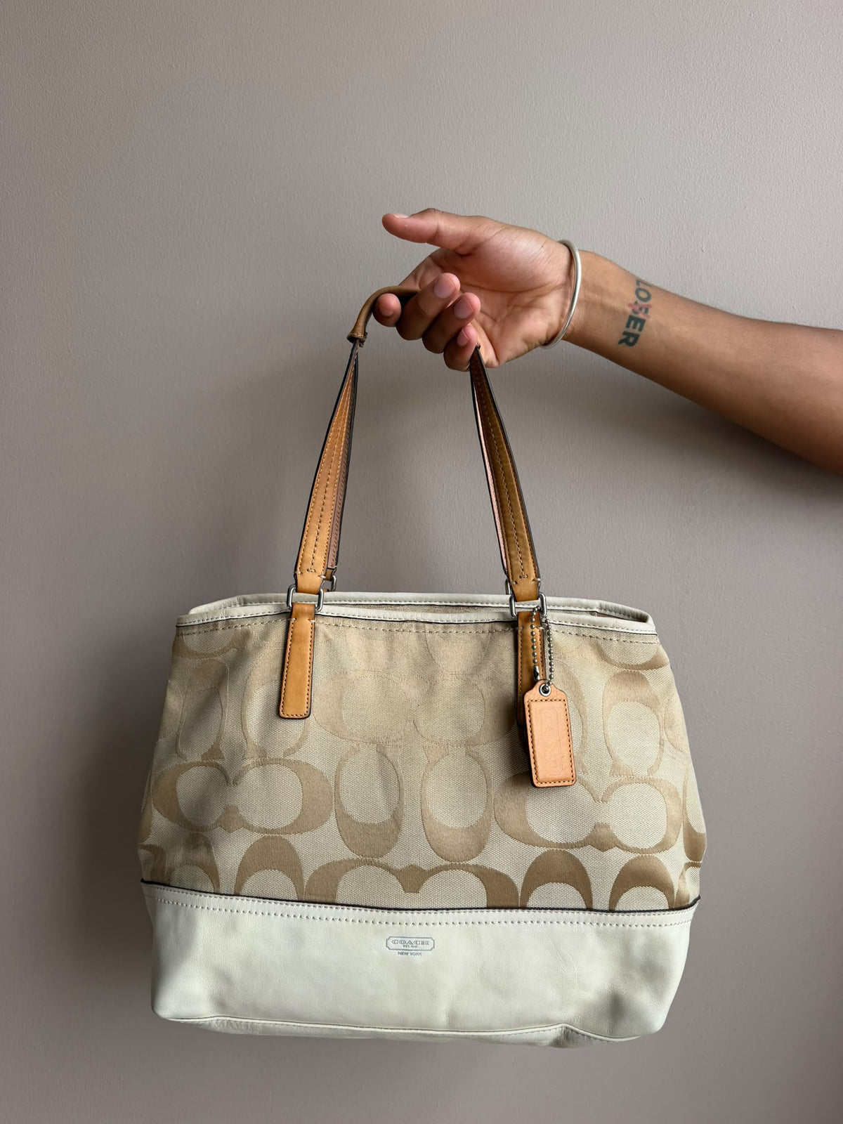 Cream Signature Coach Tote Bag
