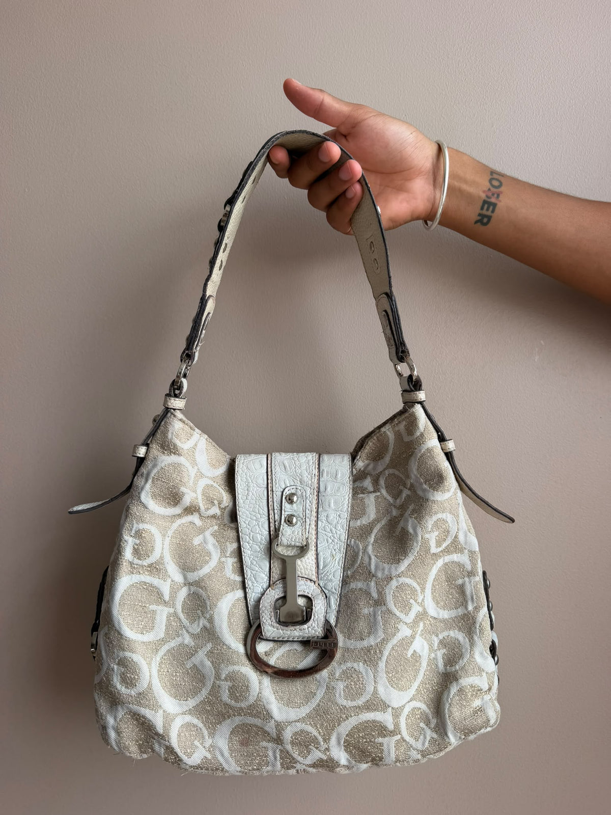 White Monogram Guess Buckle Bag