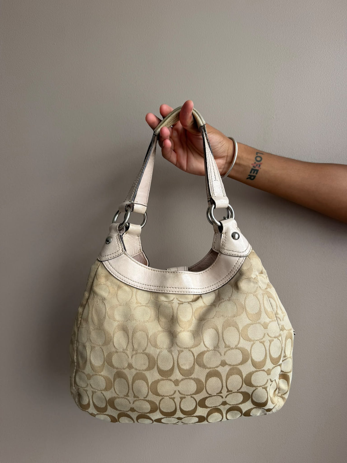 White Signature Coach Buckle Bag
